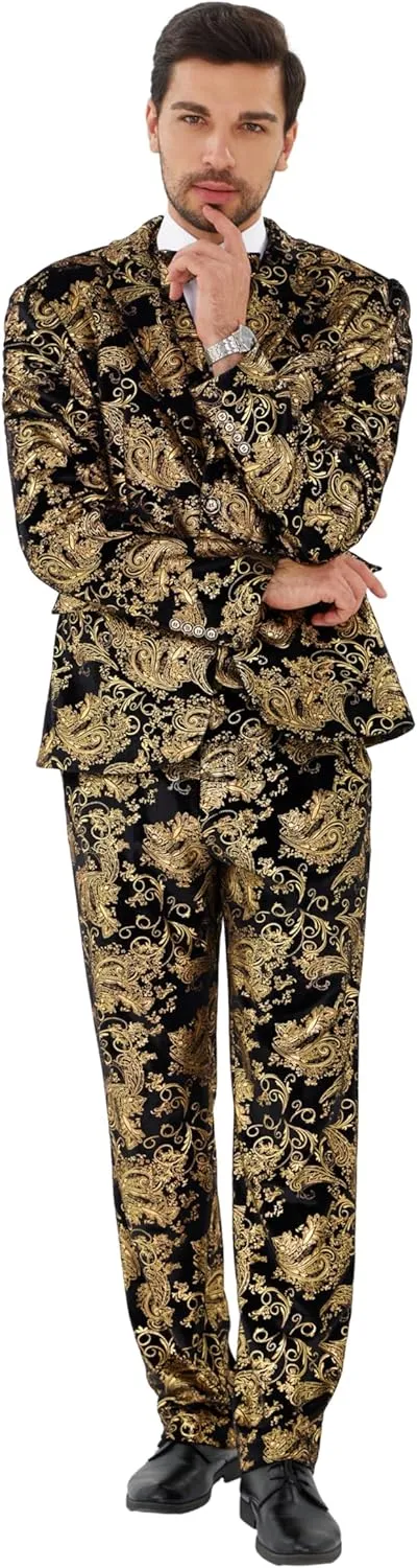 MAGE MALE Mens Suits Dress Floral Tuxedo Slim Fit 3 Piece Suit 2 Button Prom Party Blazer Vest Pants Set with Bow Tie