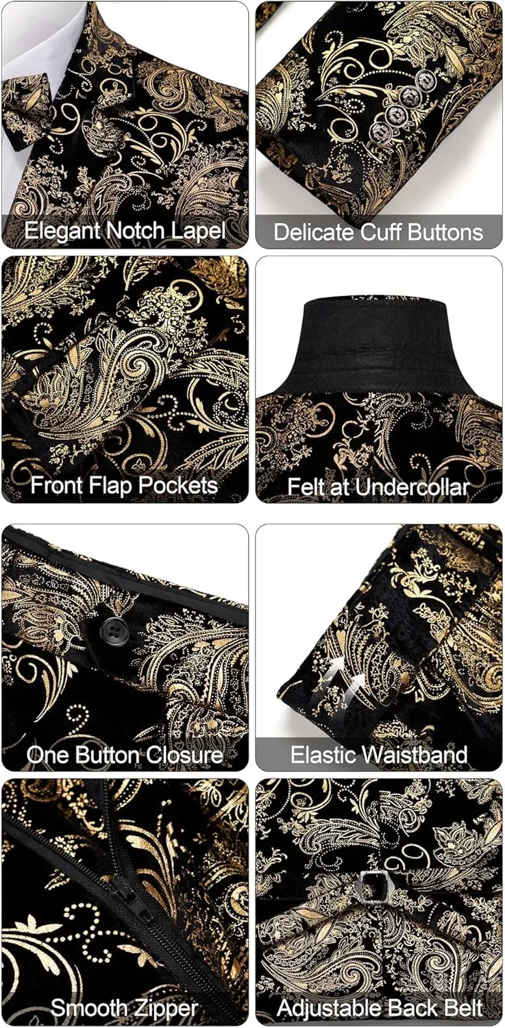 MAGE MALE Mens Suits Dress Floral Tuxedo Slim Fit 3 Piece Suit 2 Button Prom Party Blazer Vest Pants Set with Bow Tie