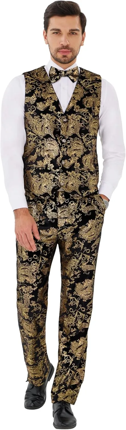 MAGE MALE Mens Suits Dress Floral Tuxedo Slim Fit 3 Piece Suit 2 Button Prom Party Blazer Vest Pants Set with Bow Tie