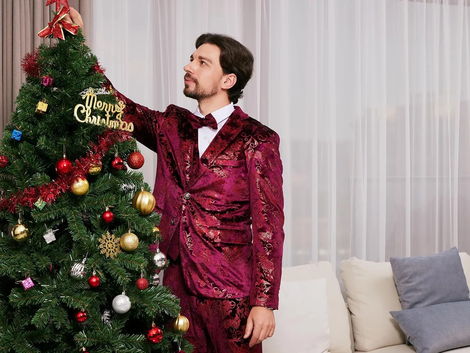 MAGE MALE Mens Suits Dress Floral Tuxedo Slim Fit 3 Piece Suit 2 Button Prom Party Blazer Vest Pants Set with Bow Tie