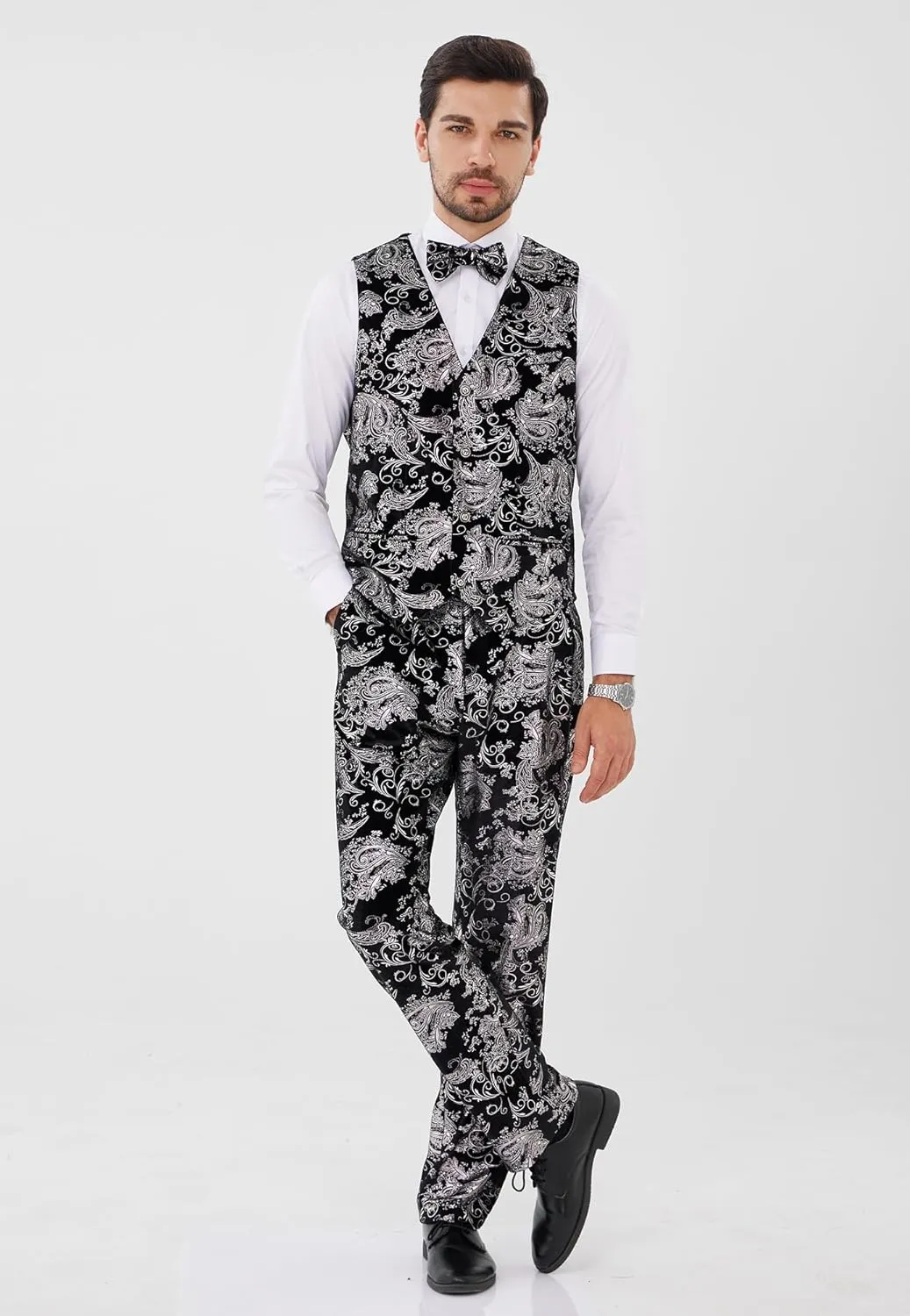 MAGE MALE Mens Suits Dress Floral Tuxedo Slim Fit 3 Piece Suit 2 Button Prom Party Blazer Vest Pants Set with Bow Tie