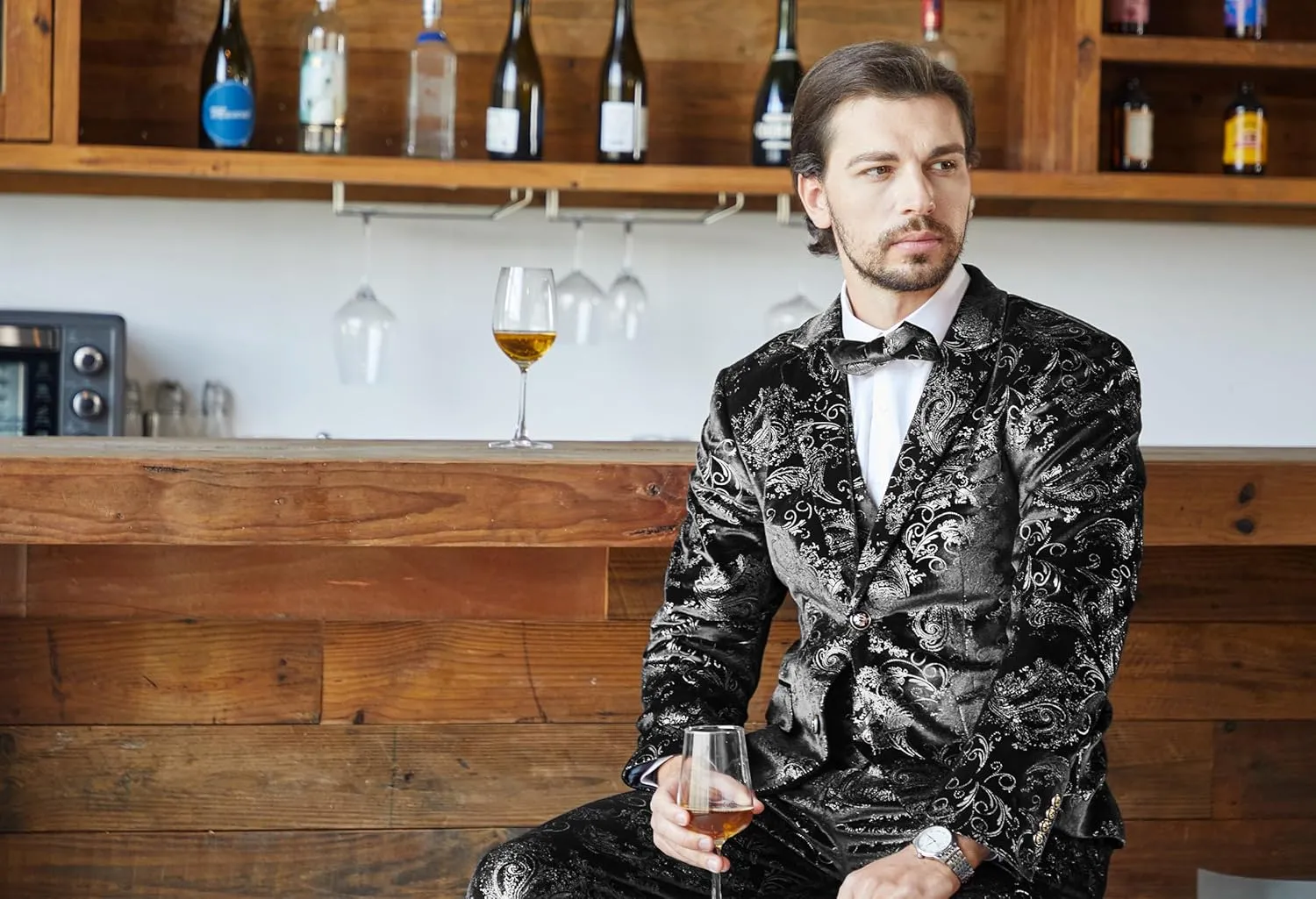 MAGE MALE Mens Suits Dress Floral Tuxedo Slim Fit 3 Piece Suit 2 Button Prom Party Blazer Vest Pants Set with Bow Tie