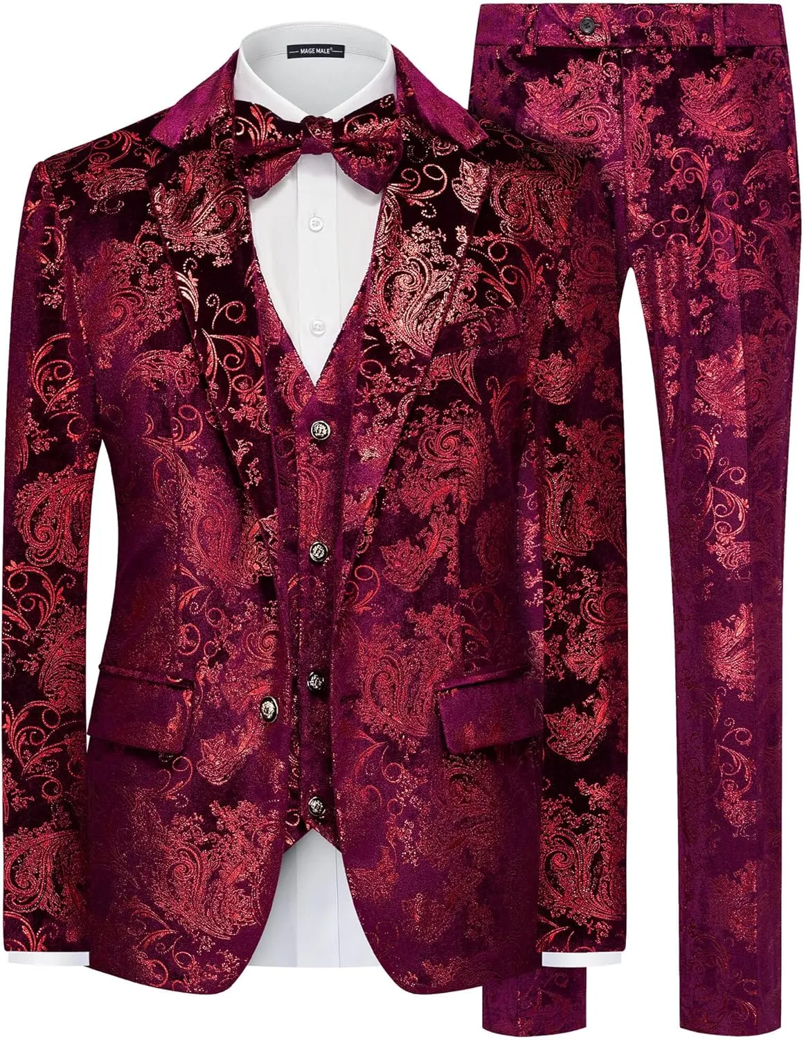 MAGE MALE Mens Suits Dress Floral Tuxedo Slim Fit 3 Piece Suit 2 Button Prom Party Blazer Vest Pants Set with Bow Tie