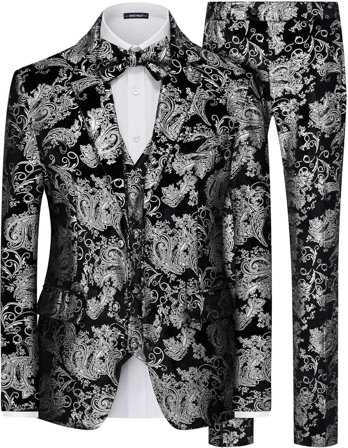 MAGE MALE Mens Suits Dress Floral Tuxedo Slim Fit 3 Piece Suit 2 Button Prom Party Blazer Vest Pants Set with Bow Tie