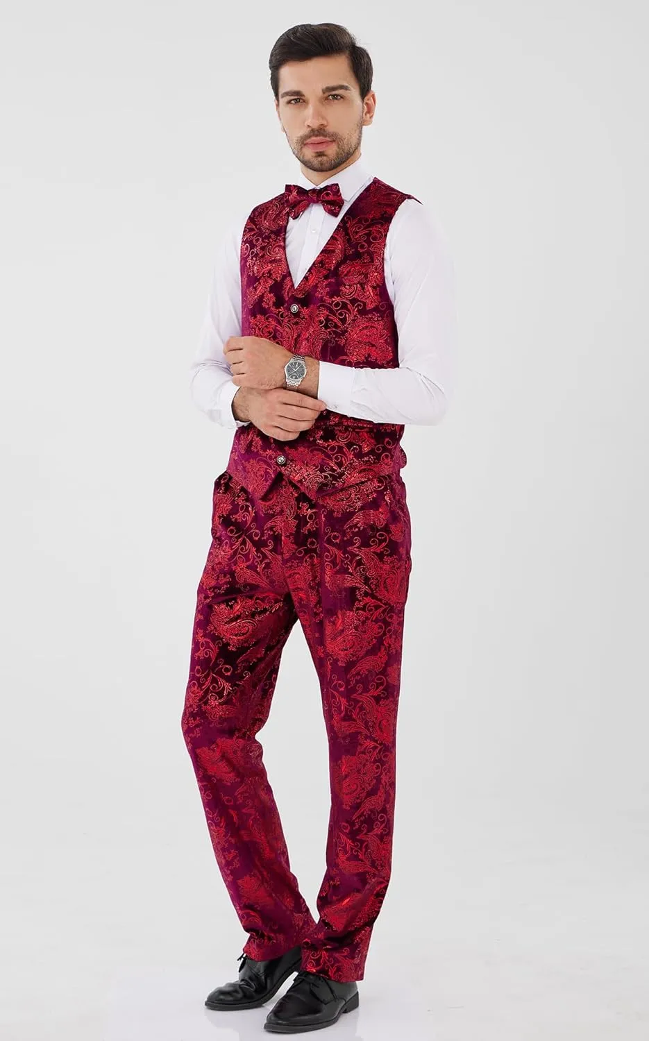 MAGE MALE Mens Suits Dress Floral Tuxedo Slim Fit 3 Piece Suit 2 Button Prom Party Blazer Vest Pants Set with Bow Tie