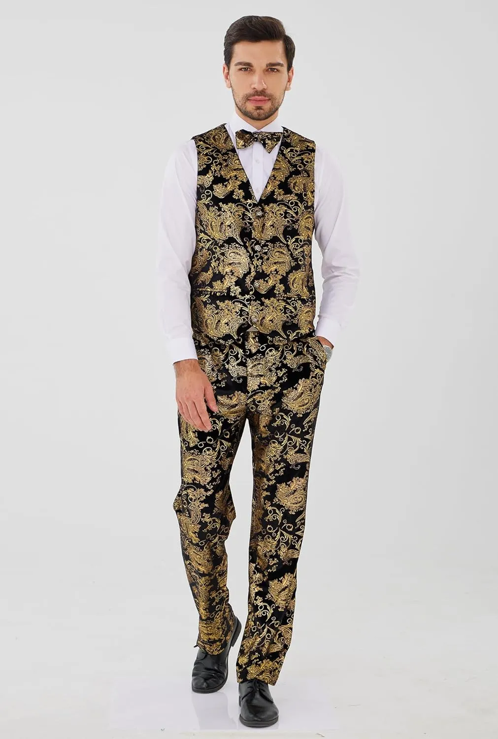 MAGE MALE Mens Suits Dress Floral Tuxedo Slim Fit 3 Piece Suit 2 Button Prom Party Blazer Vest Pants Set with Bow Tie