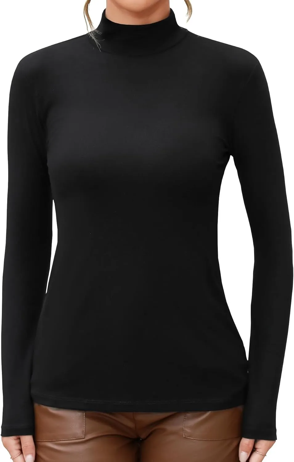 MANGDIUP Women's Mock Turtleneck Long Sleeve Sleeveless Tops Basic Slim T-Shirts