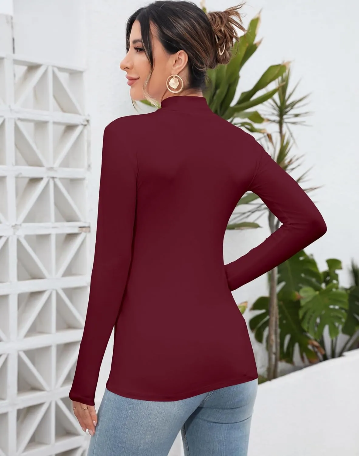 MANGDIUP Women's Mock Turtleneck Long Sleeve Sleeveless Tops Basic Slim T-Shirts