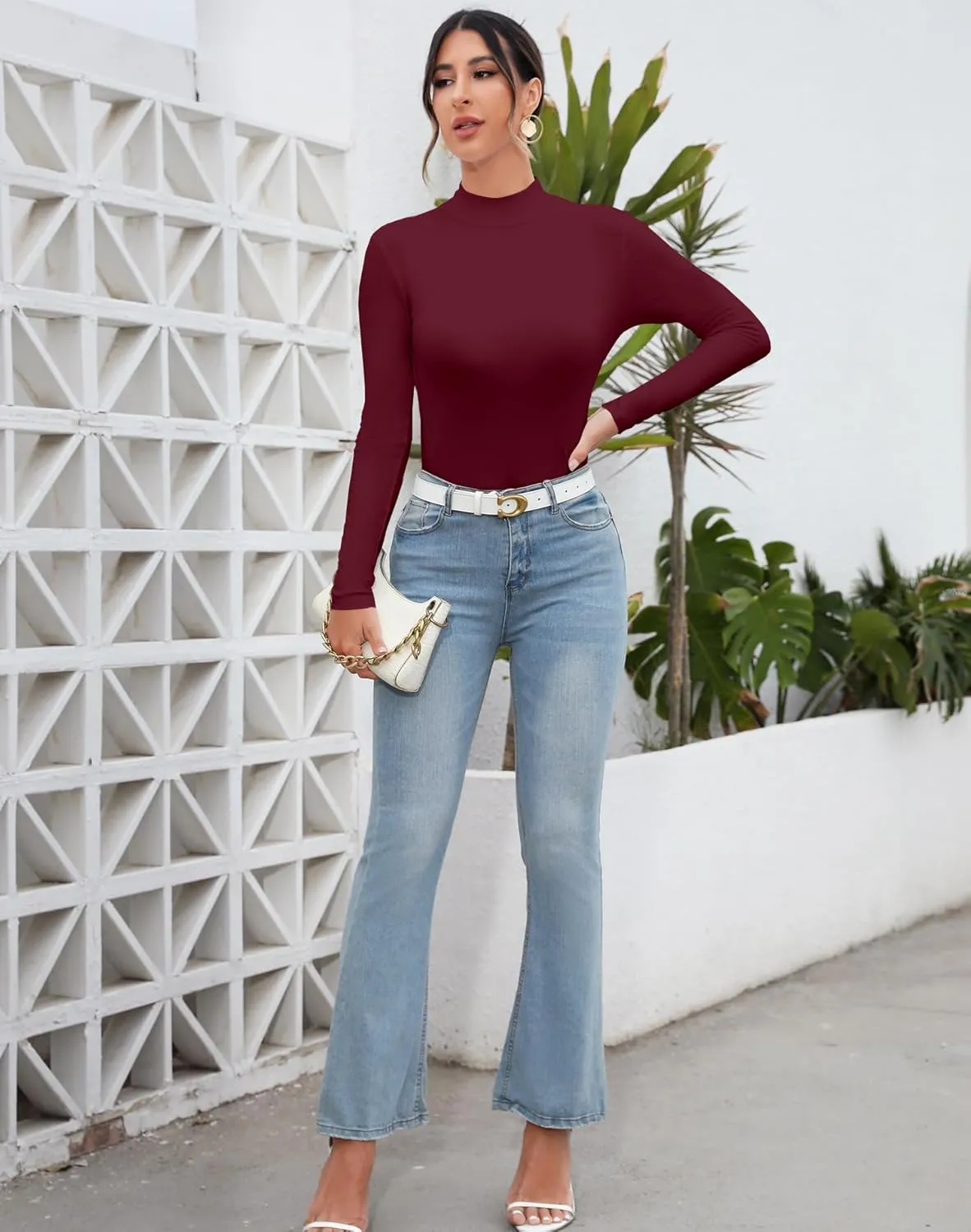 MANGDIUP Women's Mock Turtleneck Long Sleeve Sleeveless Tops Basic Slim T-Shirts