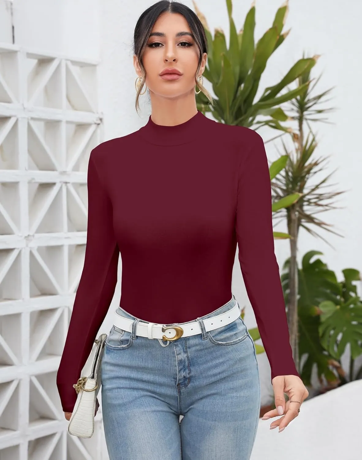 MANGDIUP Women's Mock Turtleneck Long Sleeve Sleeveless Tops Basic Slim T-Shirts