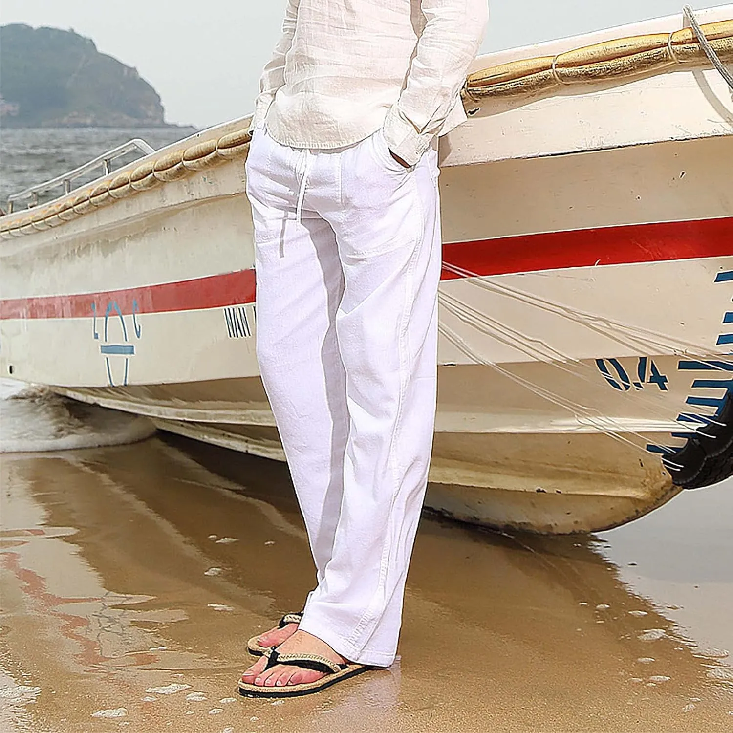 Men Fashion Cotton Linen Plus Size Casual Elastic Waist Pockets Long Pants