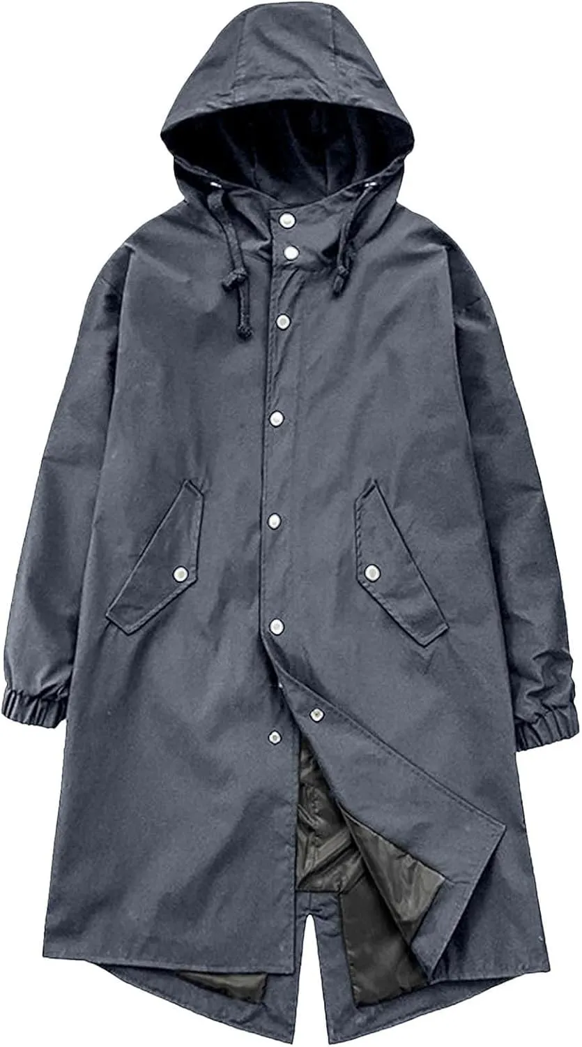 Men Plus Size Hooded Pea Coats Casual Zipper Up Long Sleeve Hoodies Trench Coat Winter Loose Fit Windbreaker