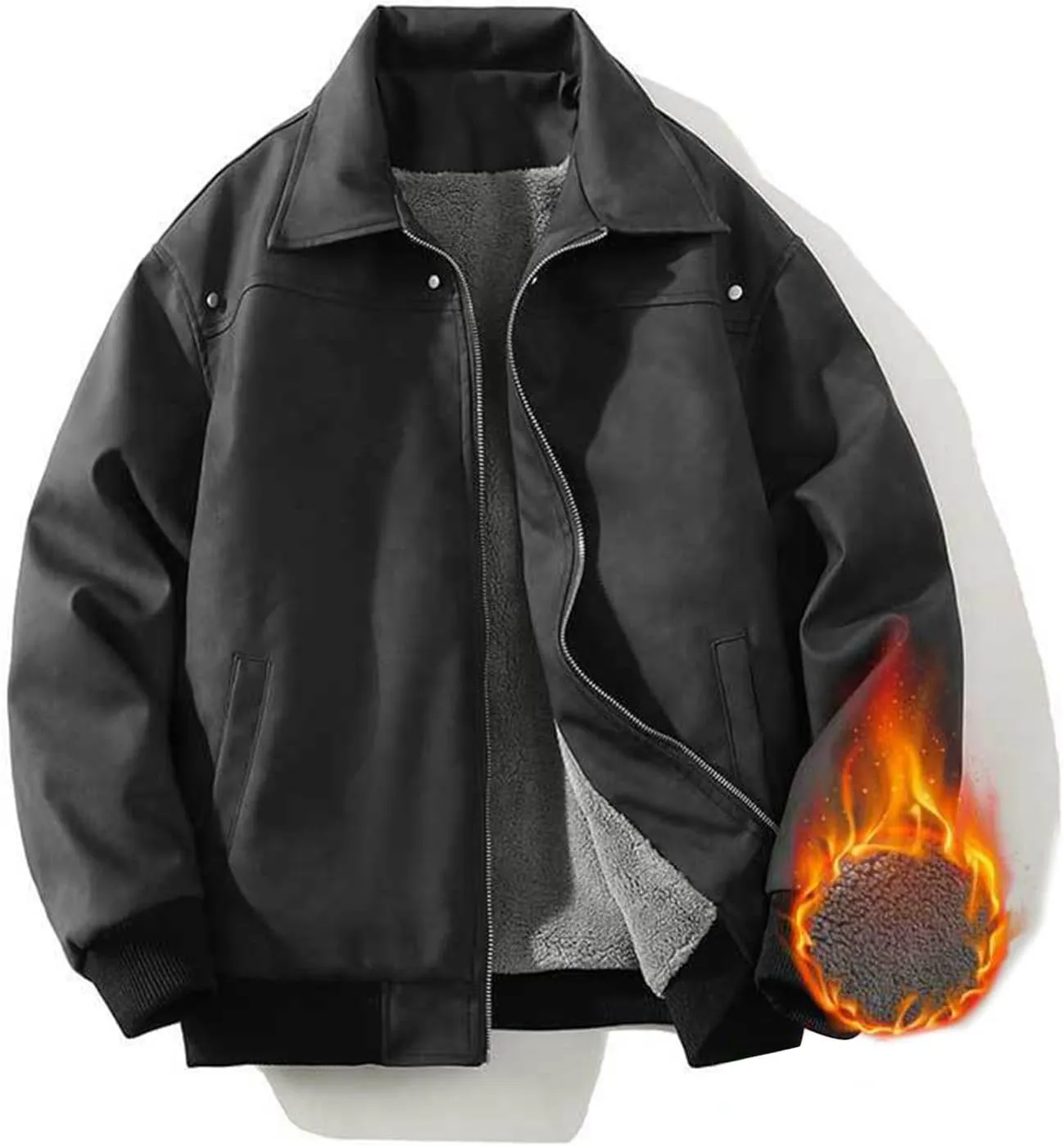 Mens Bomber Jacket Cozy Sherpa Lined Winter Jackets Coats Lapel Full-Zip Insulated Water Outerwear Plus Size Shacket