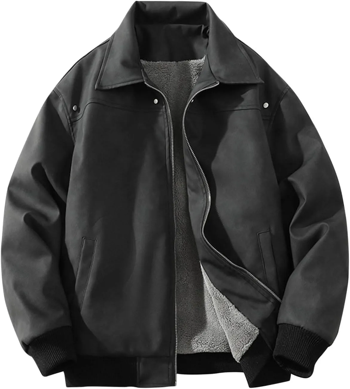 Mens Bomber Jacket Cozy Sherpa Lined Winter Jackets Coats Lapel Full-Zip Insulated Water Outerwear Plus Size Shacket