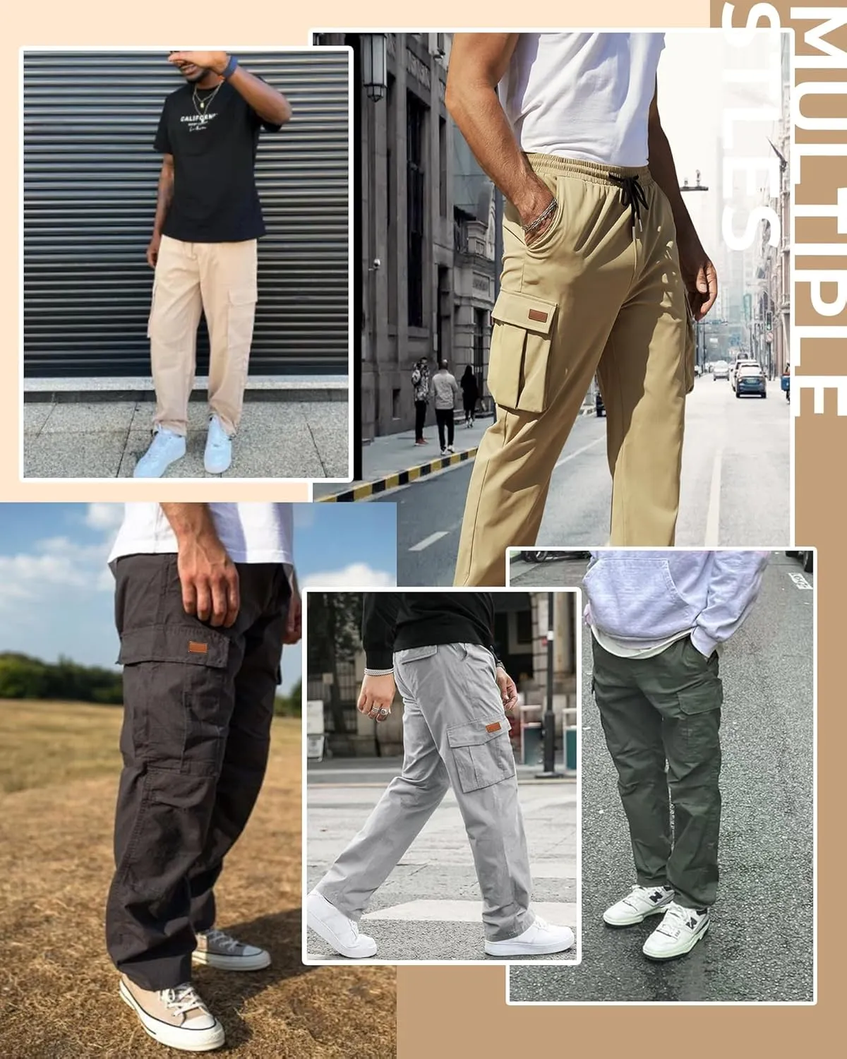 Mens Cargo Pants Drawstring Relaxed Fit Pants Stretch Elastic Waist Work Outdoor Casual Pants with Pockets