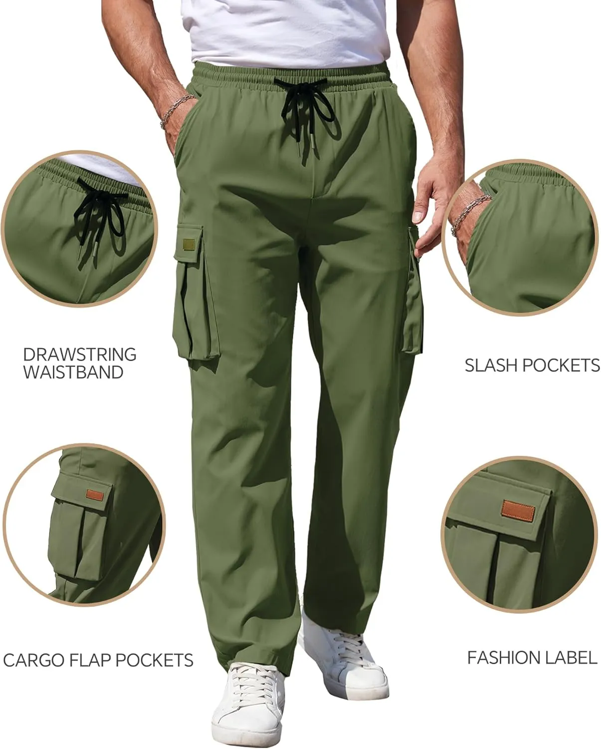 Mens Cargo Pants Drawstring Relaxed Fit Pants Stretch Elastic Waist Work Outdoor Casual Pants with Pockets