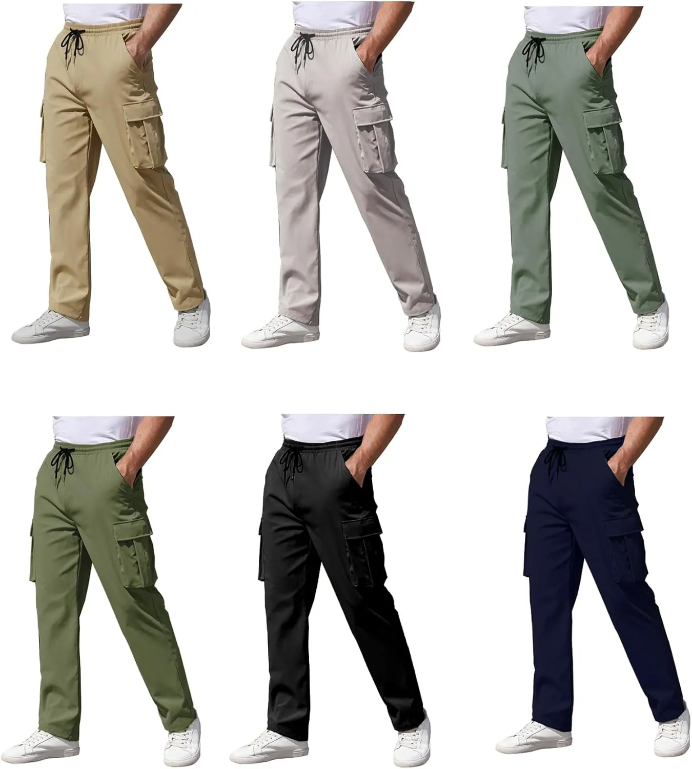Mens Cargo Pants Drawstring Relaxed Fit Pants Stretch Elastic Waist Work Outdoor Casual Pants with Pockets