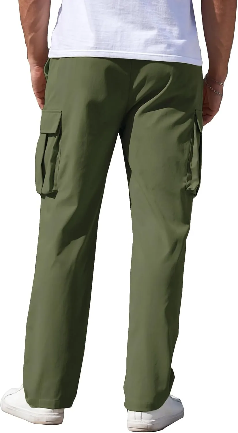 Mens Cargo Pants Drawstring Relaxed Fit Pants Stretch Elastic Waist Work Outdoor Casual Pants with Pockets