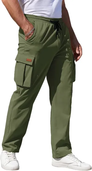 Mens Cargo Pants Drawstring Relaxed Fit Pants Stretch Elastic Waist Work Outdoor Casual Pants with Pockets