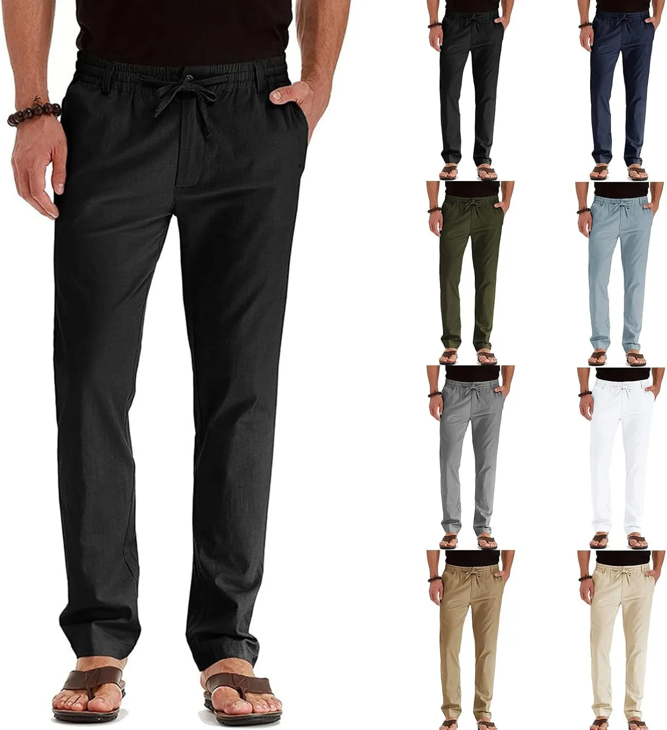 Men's Casual Cotton Pants Regular Fit Elastic Waist Straight Leg Chino Pants