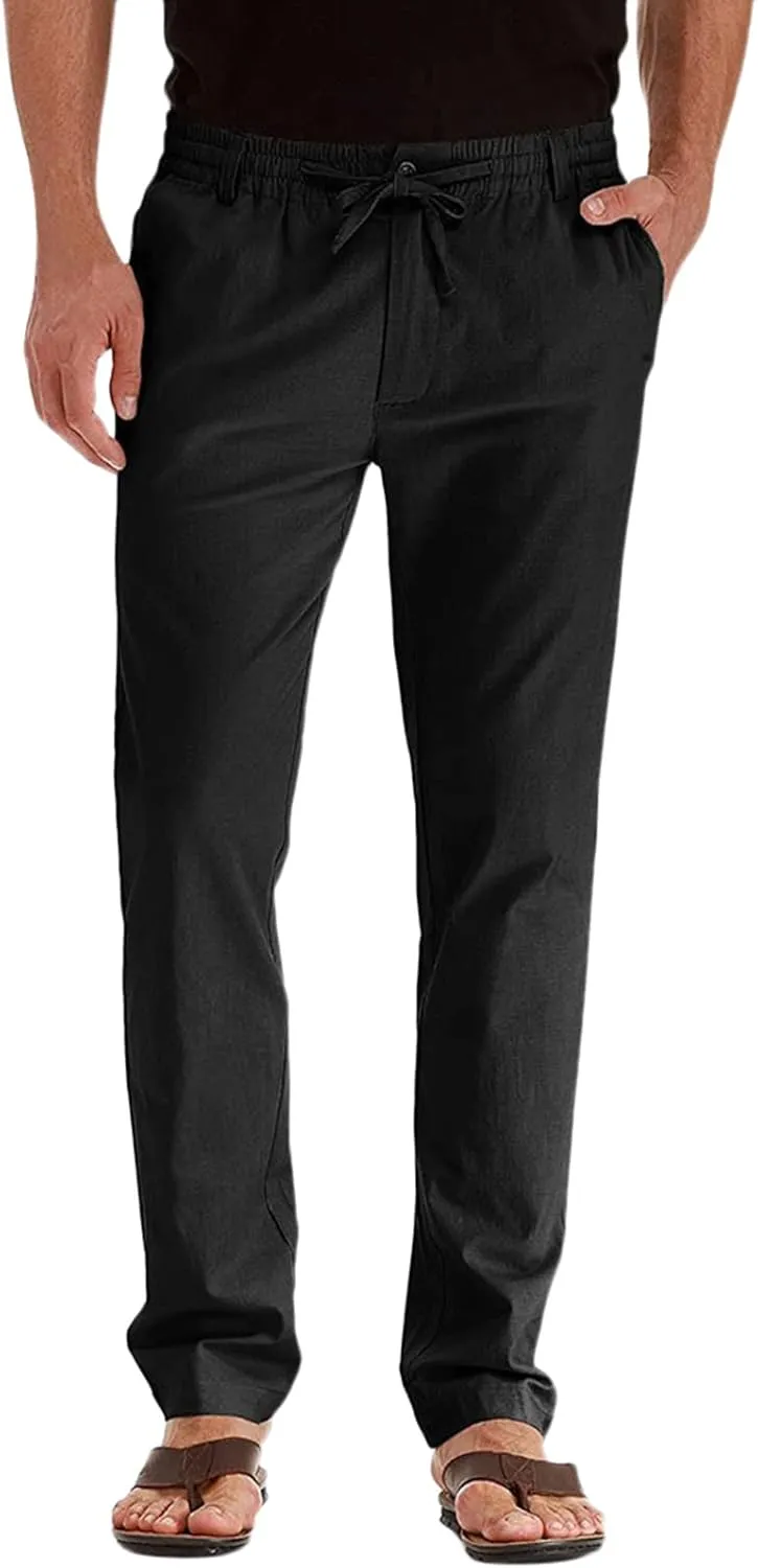 Men's Casual Cotton Pants Regular Fit Elastic Waist Straight Leg Chino Pants