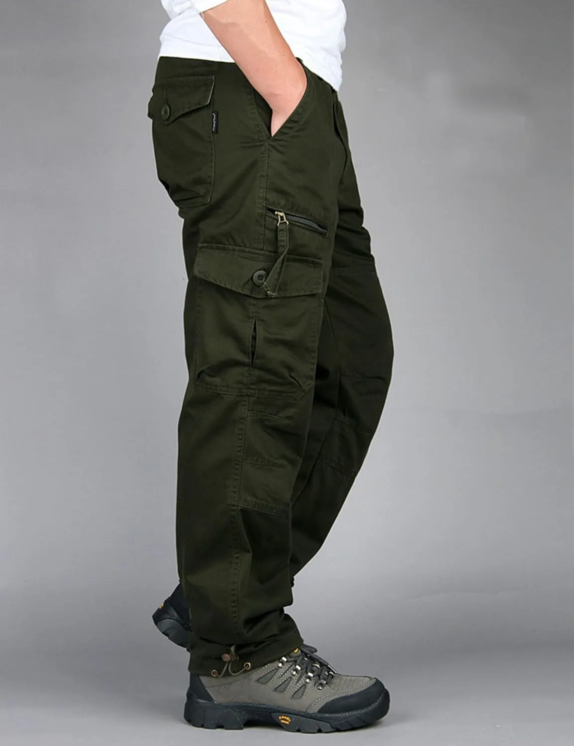 Men's Casual Elastic Waist Multi-Pockets Cargo Work Pants Trousers