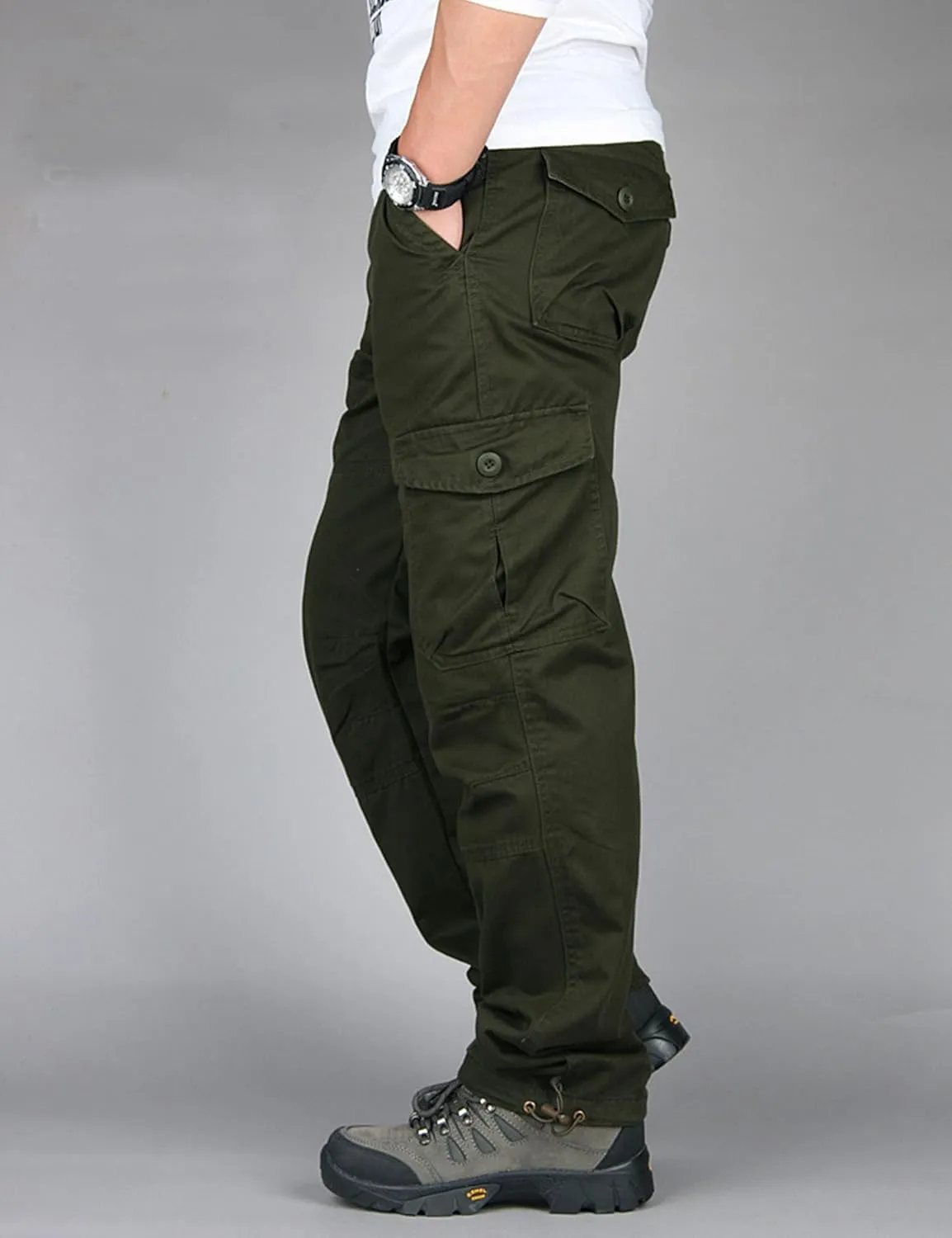 Men's Casual Elastic Waist Multi-Pockets Cargo Work Pants Trousers