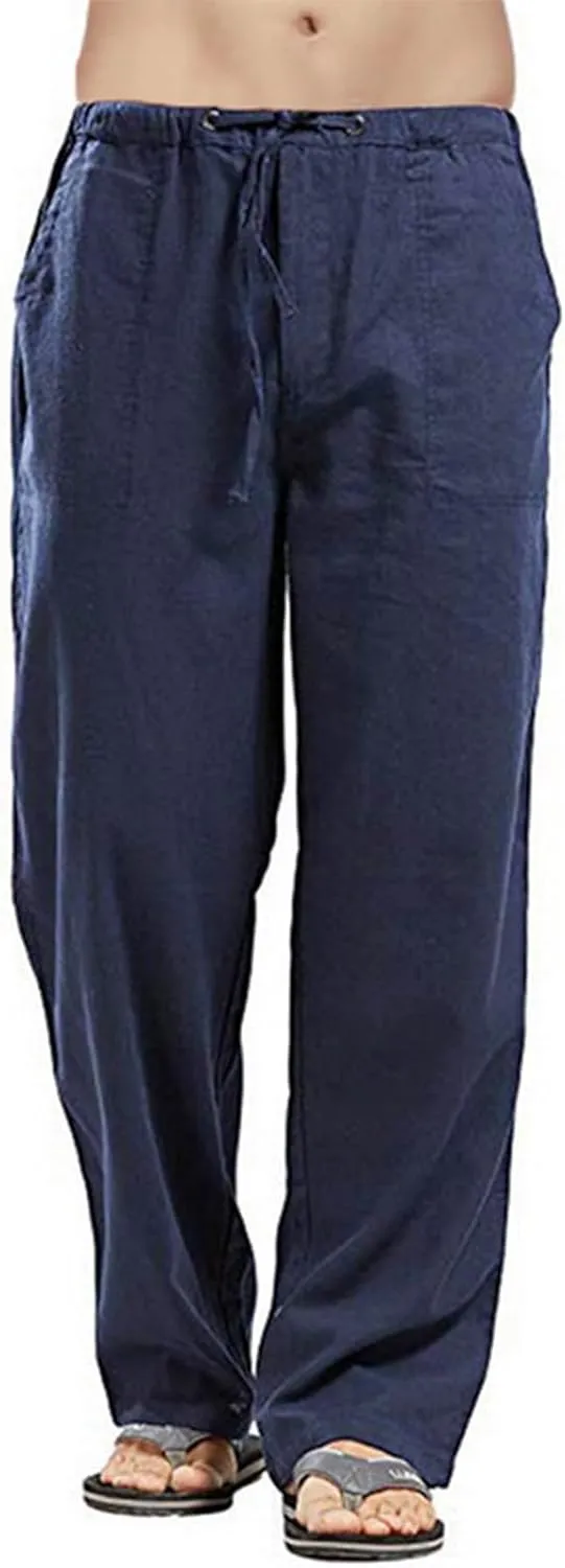 Mens Casual Linen Pants Elastic Waist Drawstring Straight Summer Beach Pants