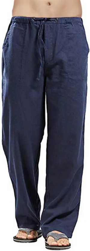 Mens Casual Linen Pants Elastic Waist Drawstring Straight Summer Beach Pants