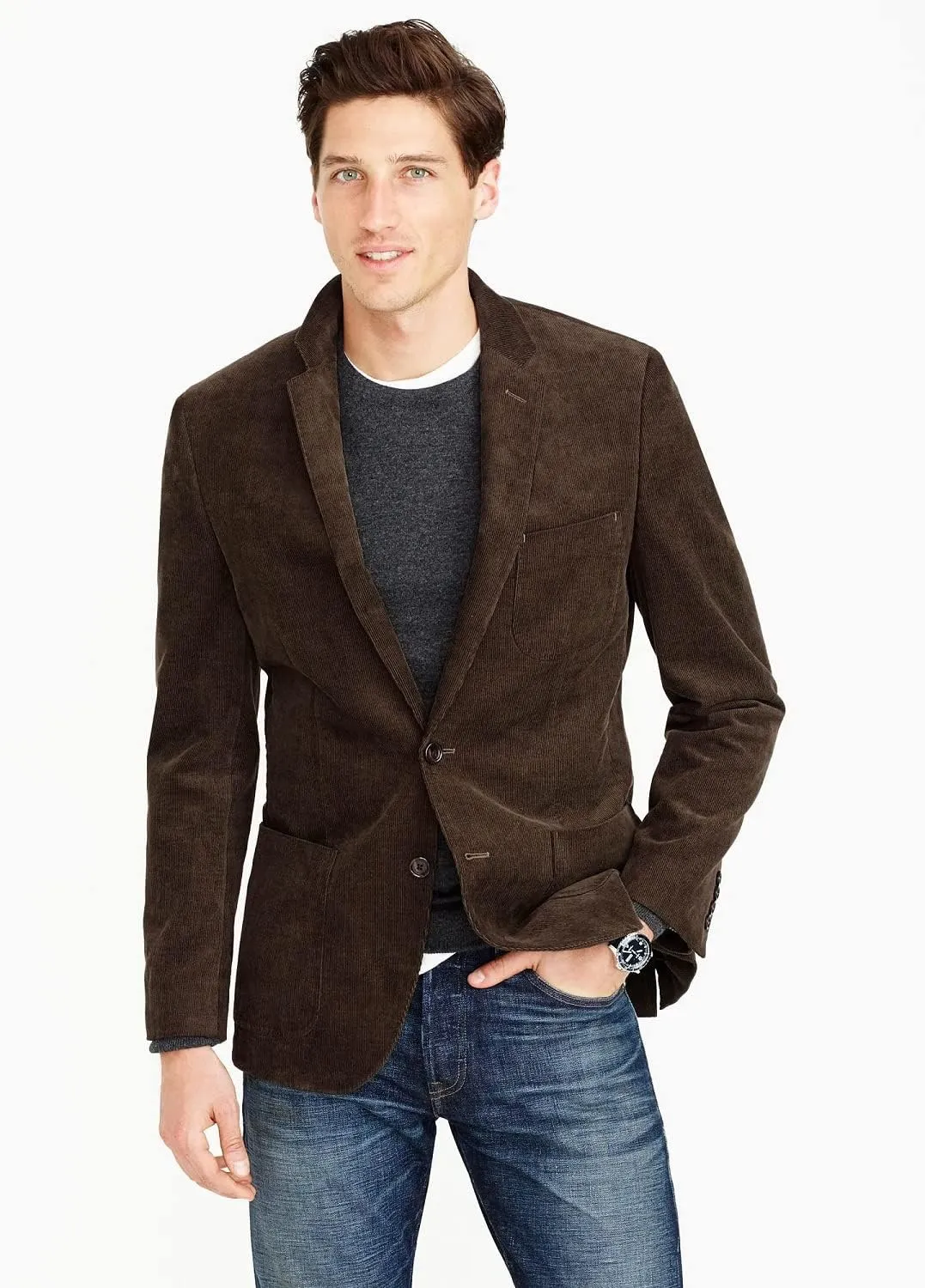 Men's Casual Slim Fit Corduroy Jacket Lightweight Two Button Blazer Sport Coat Brown