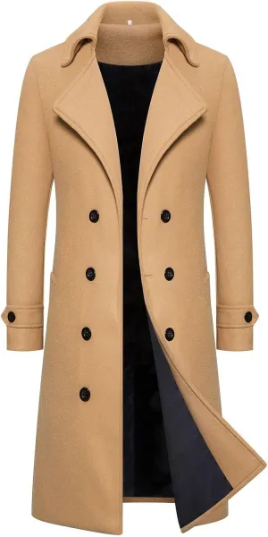 Men's Casual Winter Long Jacket Wool Blend Classic Trench Overcoat with Pockets
