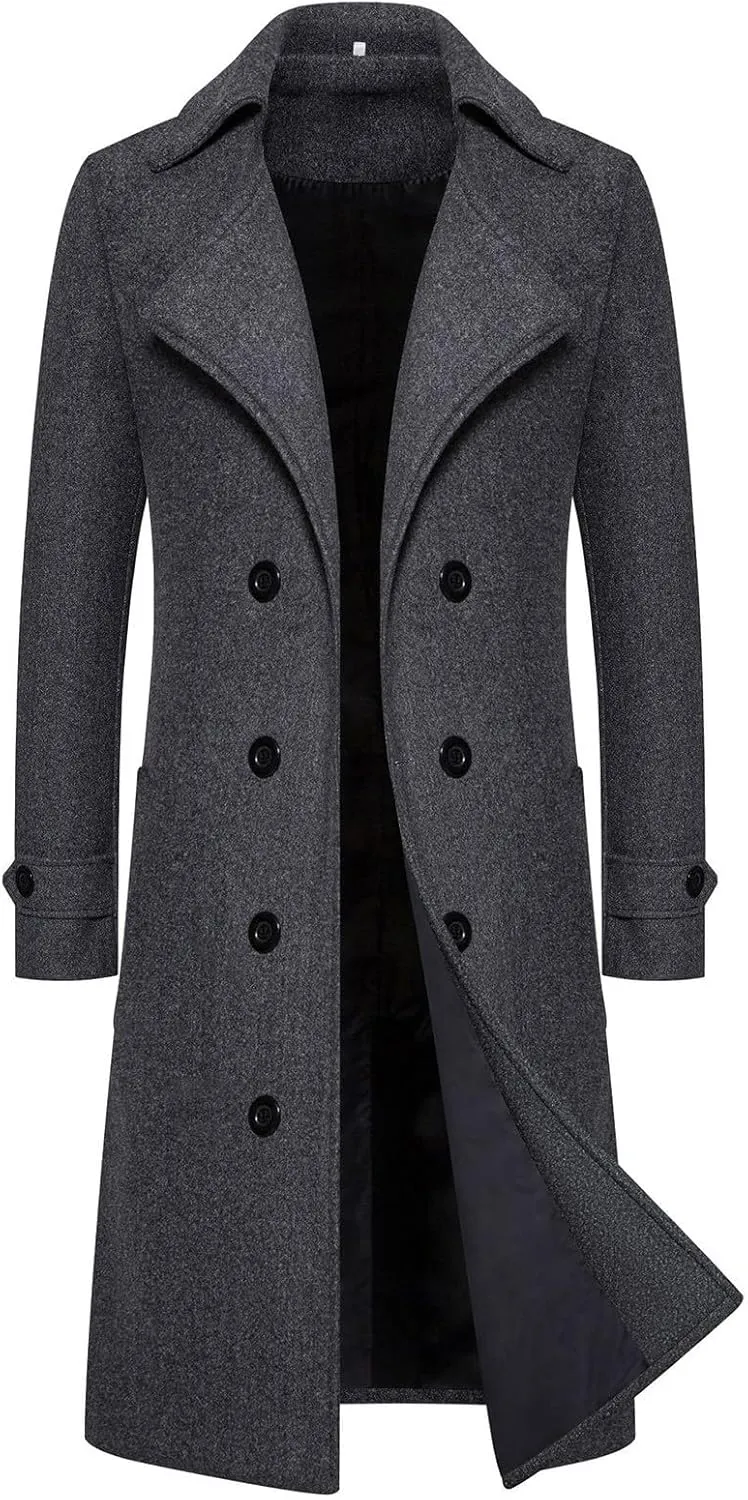 Men's Casual Winter Long Jacket Wool Blend Classic Trench Overcoat with Pockets