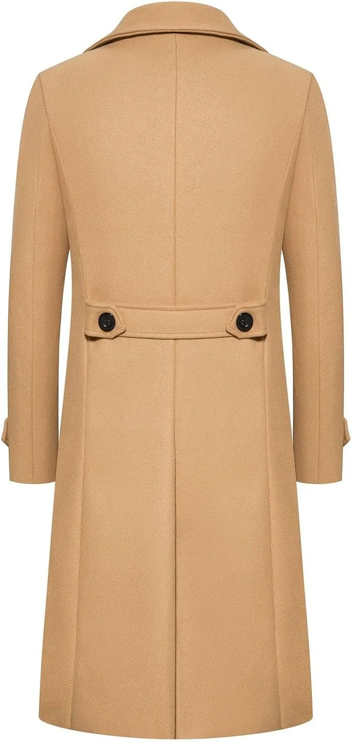 Men's Casual Winter Long Jacket Wool Blend Classic Trench Overcoat with Pockets