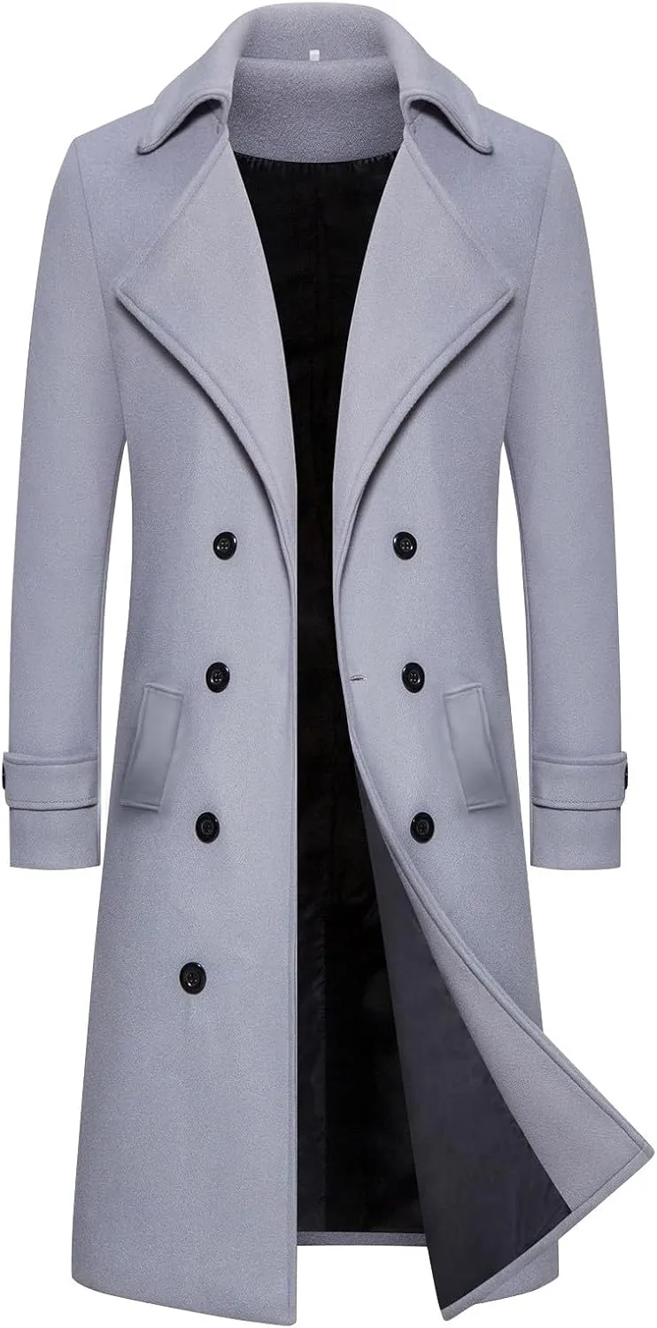 Men's Casual Winter Long Jacket Wool Blend Classic Trench Overcoat with Pockets