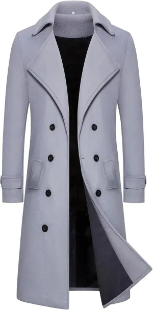 Men's Casual Winter Long Jacket Wool Blend Classic Trench Overcoat with Pockets