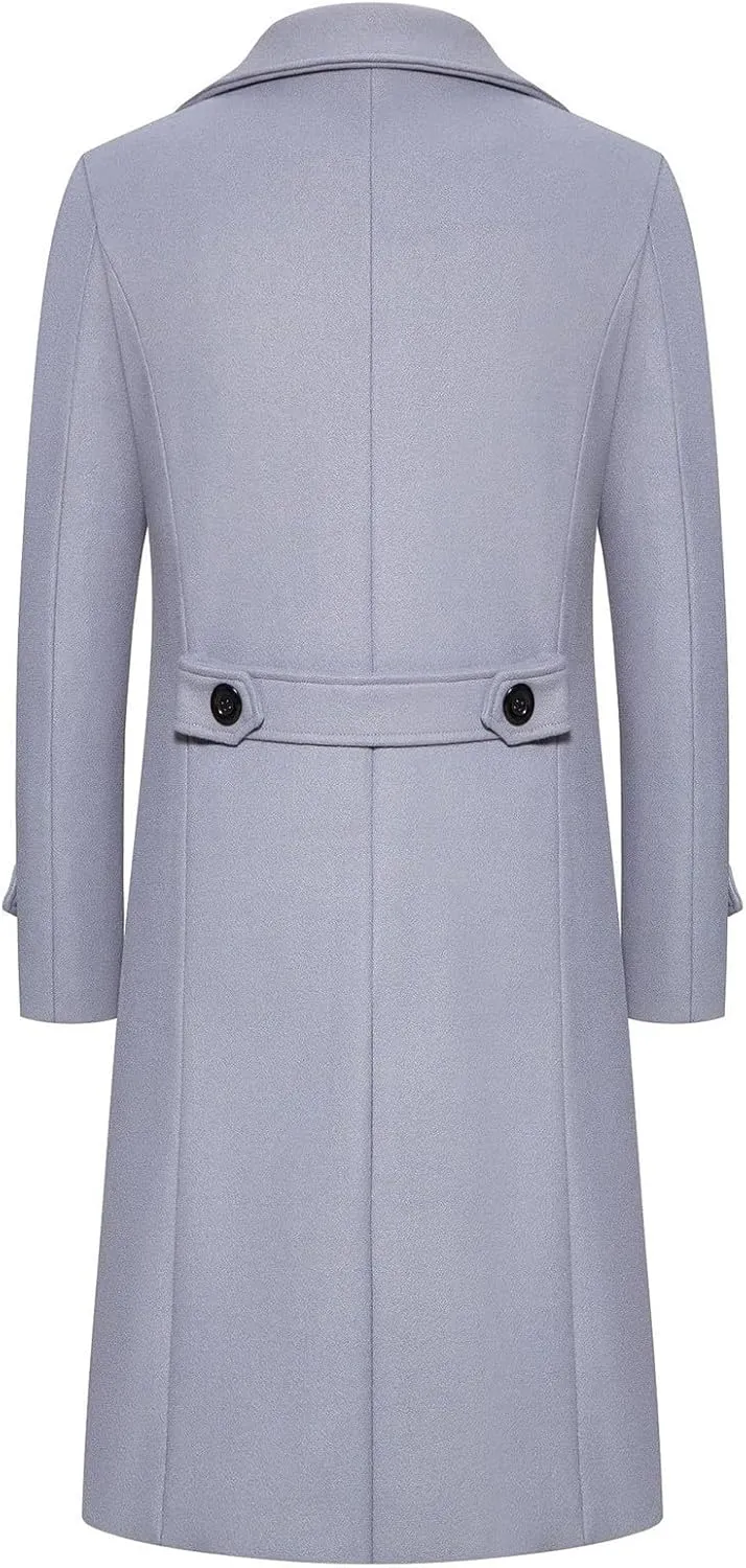 Men's Casual Winter Long Jacket Wool Blend Classic Trench Overcoat with Pockets