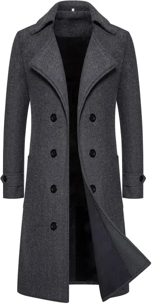 Men's Casual Winter Long Jacket Wool Blend Classic Trench Overcoat with Pockets