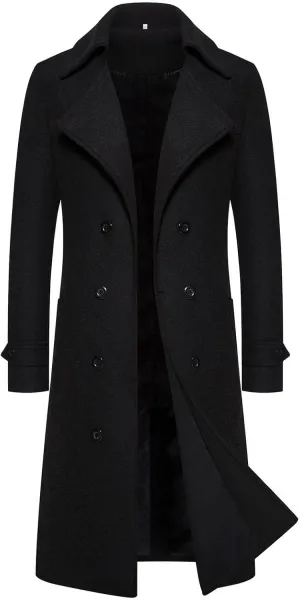 Men's Casual Winter Long Jacket Wool Blend Classic Trench Overcoat with Pockets