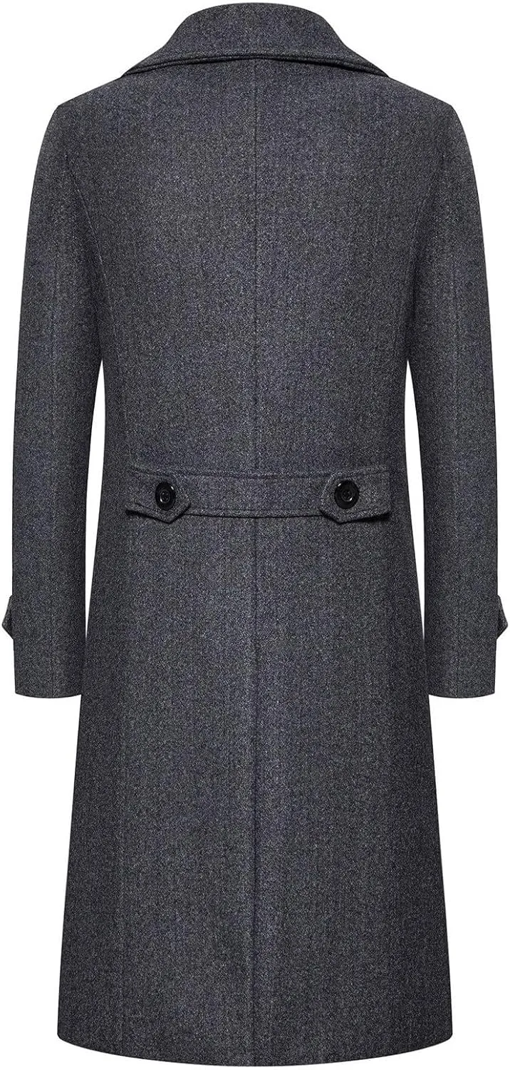 Men's Casual Winter Long Jacket Wool Blend Classic Trench Overcoat with Pockets