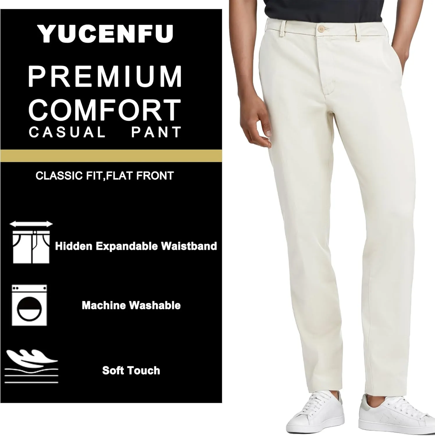 Mens Classic Fit Khaki Casual Chino Pants Whit Hidden Comfort Waistband