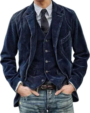 Mens Corduroy Blazers Slim Fit Casual Vintage Two Button Single Breasted Business Blazer Jacket with Pockets Sport Coat