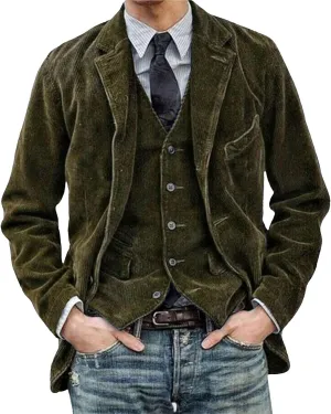 Mens Corduroy Blazers Slim Fit Casual Vintage Two Button Single Breasted Business Blazer Jacket with Pockets Sport Coat
