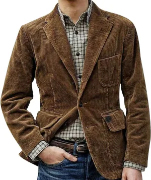 Mens Corduroy Blazers Slim Fit Casual Vintage Two Button Single Breasted Business Blazer Jacket with Pockets Sport Coat