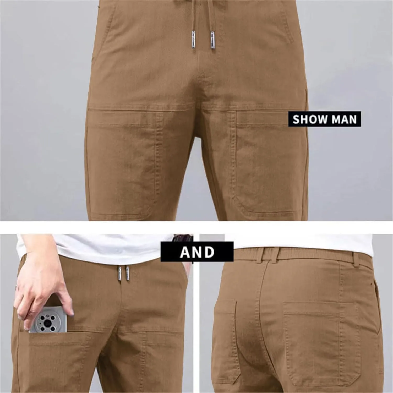 Mens Corduroy Pants Elastic Waist Drawstring Casual Loose Straight Leg Hiking Trousers Slim fit Slacks with Pockets