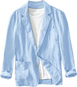 Mens Cotton Linen Blazer Lightweight and Thin Casual Sport Coat Solid Color with Two Button Pockets for Daily Suits