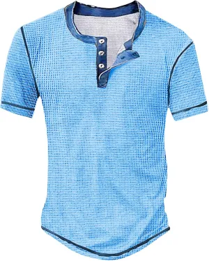 Men's Distressed Henley Shirts Retro Short Sleeve Button Down Shirt Summer Casual Washed Basic T-Shirt Y2K Goth Tops