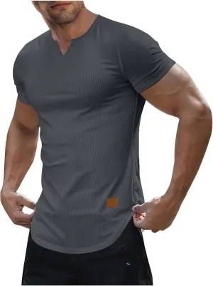 Men's Fashion Ribbed V Neck T Shirts Side Slit Hem Gym Training Workout Tunic Tops Summer Casual Short Sleeve Tees