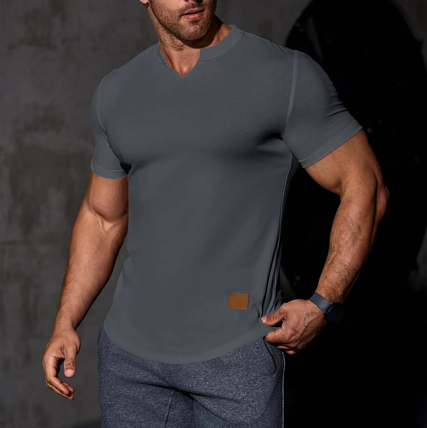 Men's Fashion Ribbed V Neck T Shirts Side Slit Hem Gym Training Workout Tunic Tops Summer Casual Short Sleeve Tees