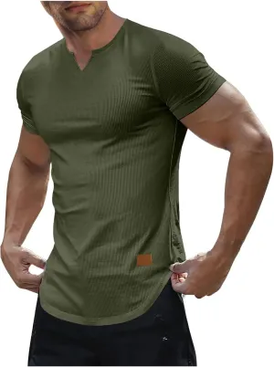 Men's Fashion Ribbed V Neck T Shirts Side Slit Hem Gym Training Workout Tunic Tops Summer Casual Short Sleeve Tees