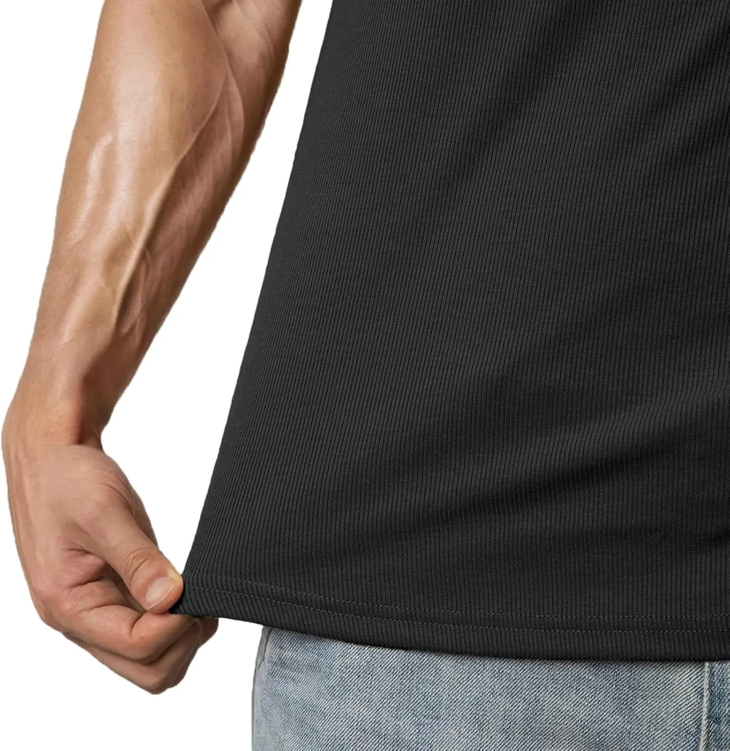 Men's Fashion Ribbed V Neck T Shirts Side Slit Hem Gym Training Workout Tunic Tops Summer Casual Short Sleeve Tees